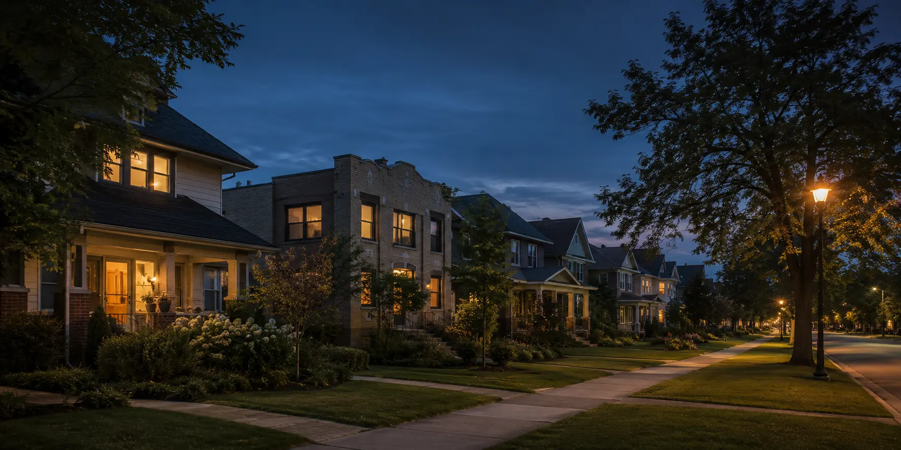Well-maintained residential properties at blue hour