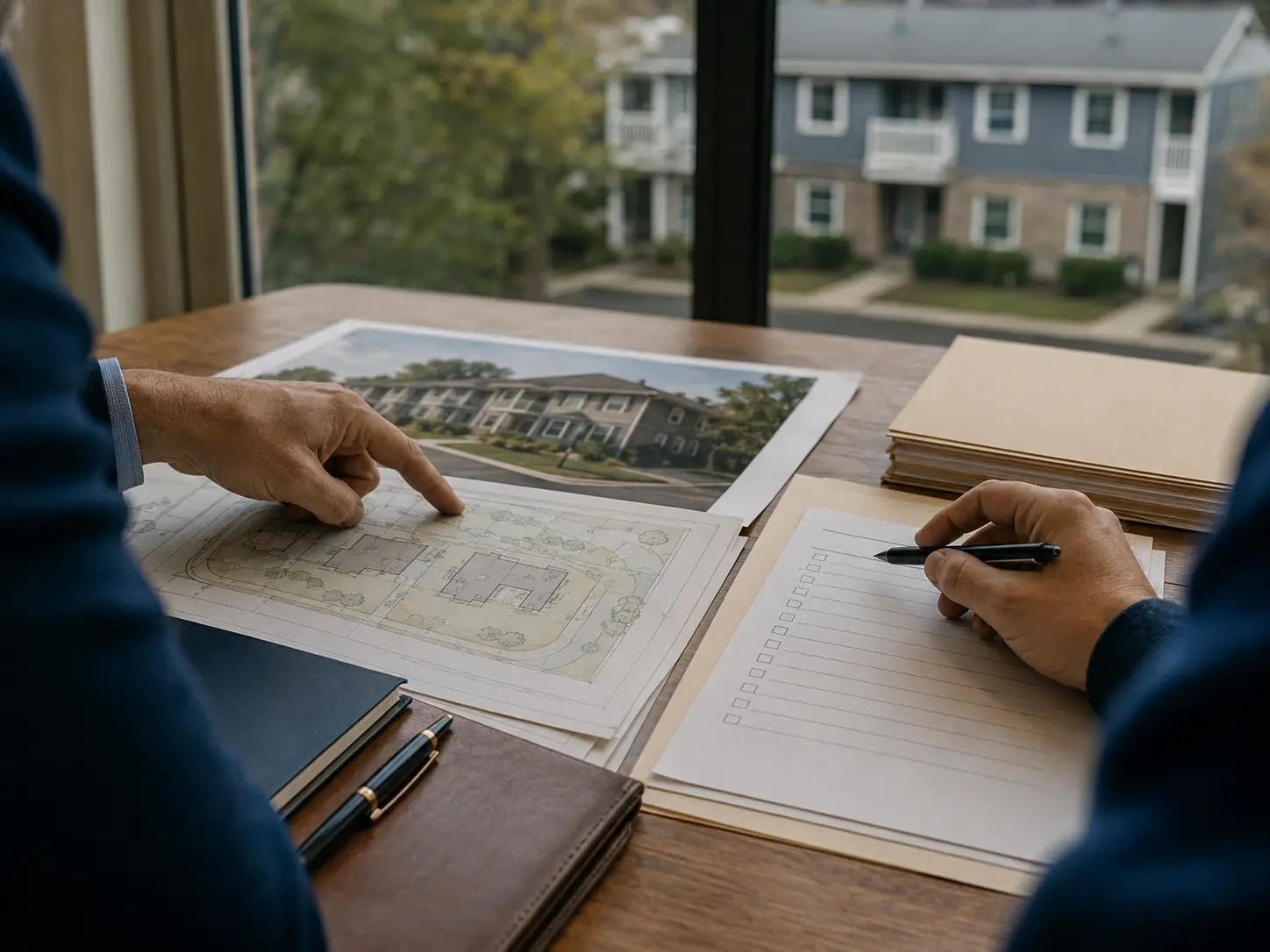 Two professionals reviewing a residential site plan and an organized due-diligence checklist