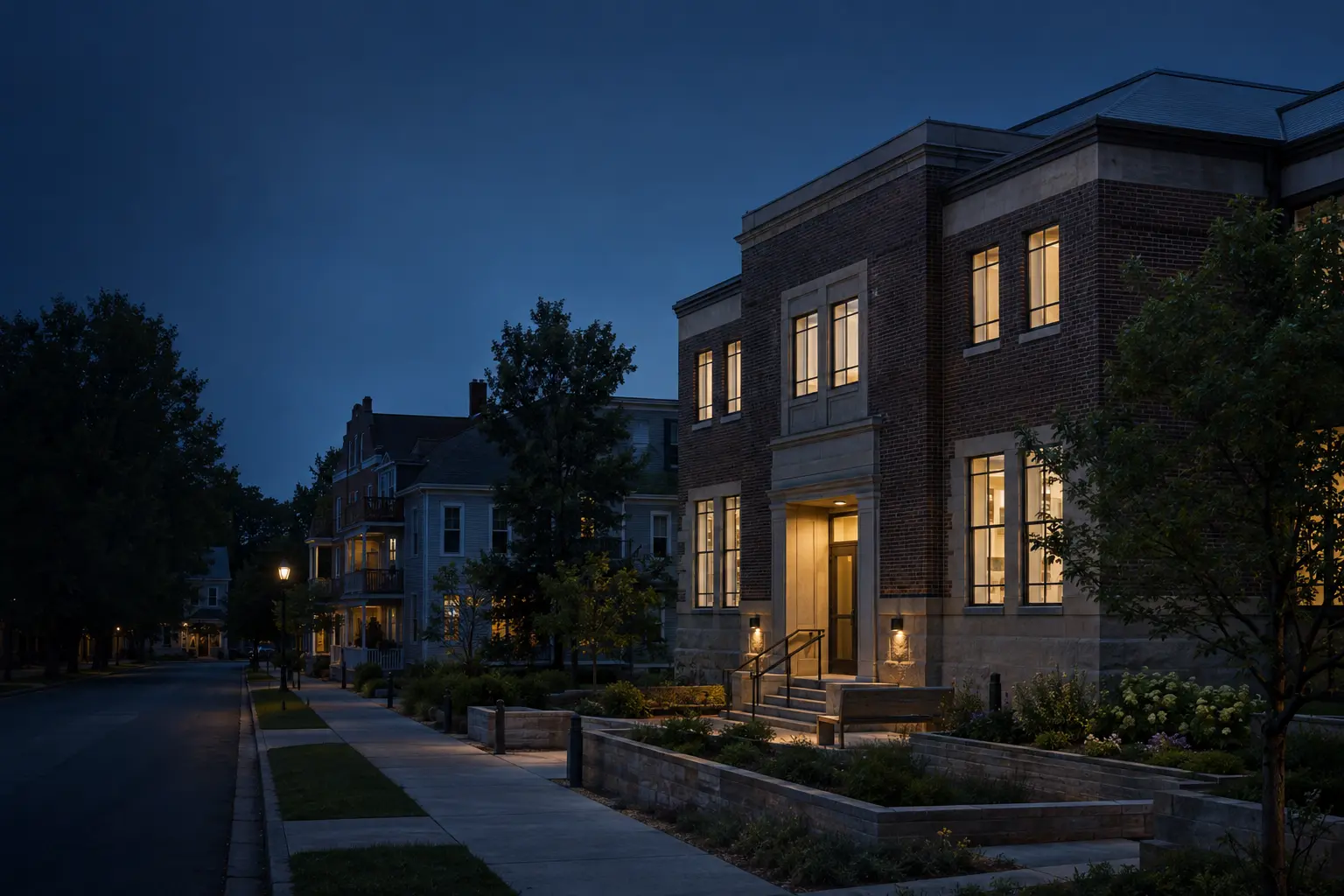 A quiet civic building beside an established residential neighborhood in early morning light
